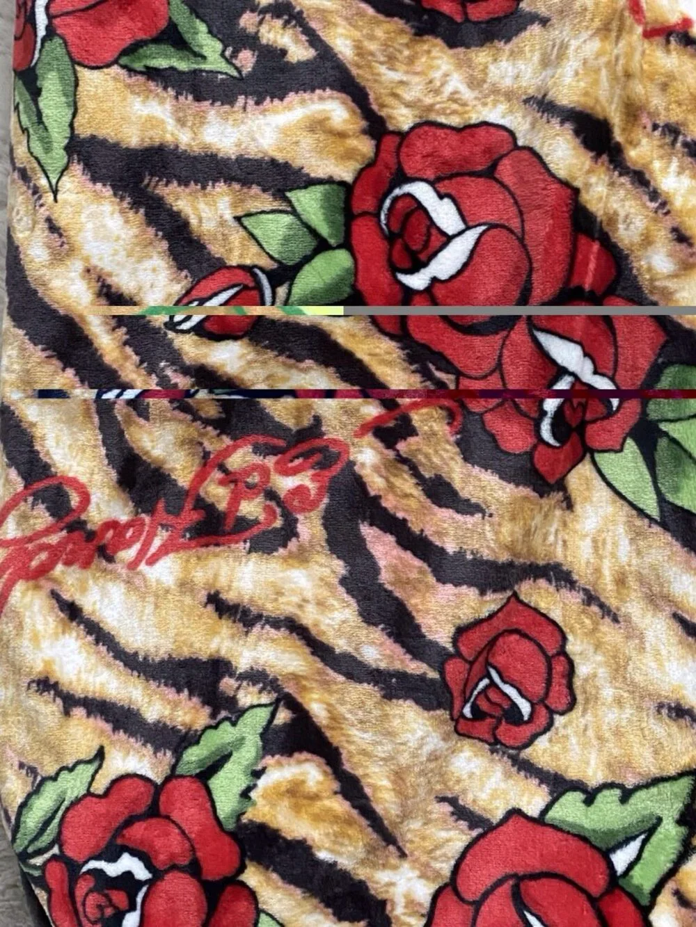 Ed Hardy Oversized Plush Throw Blanket Tiger Stripes Print W/Red Roses Logo NEW